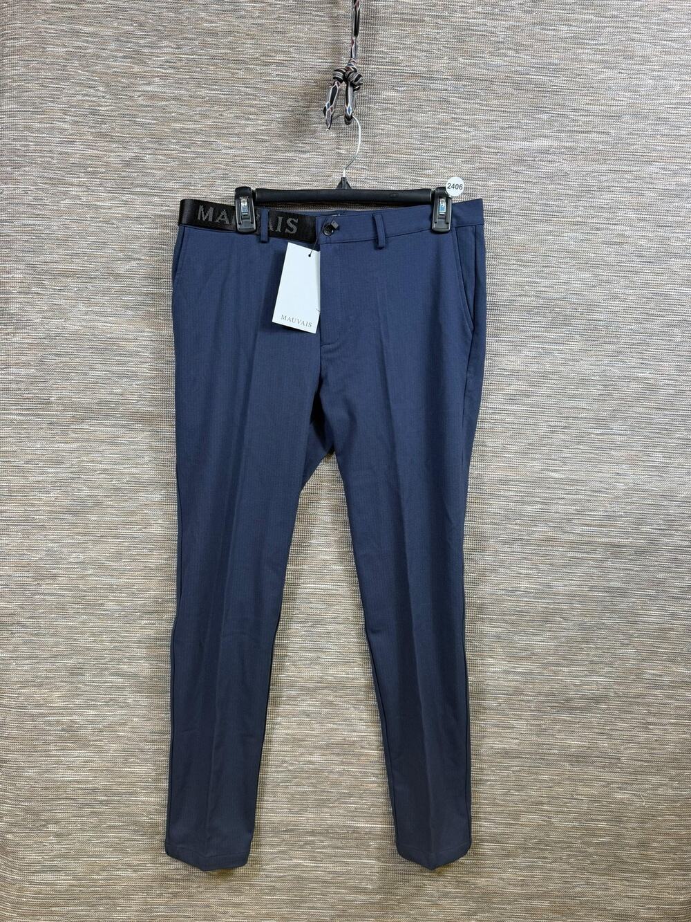 Mauvais Pants Mens 32x27 Navy Signature Studio Half Belt Slim Dress Trousers